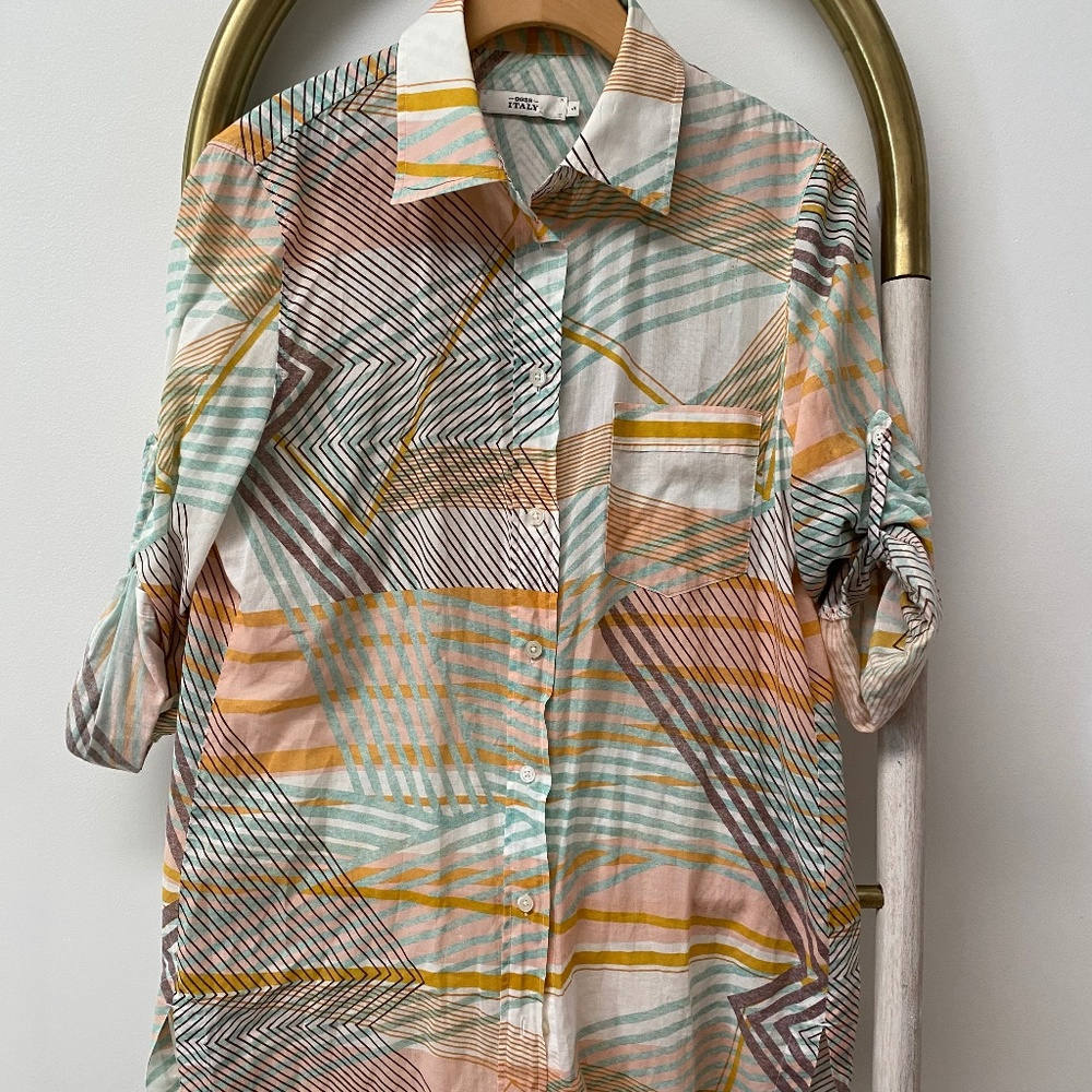 0039 Italy Long Multicolor Geometric Roll Tab 100% Cotton Blouse Tunic Size S